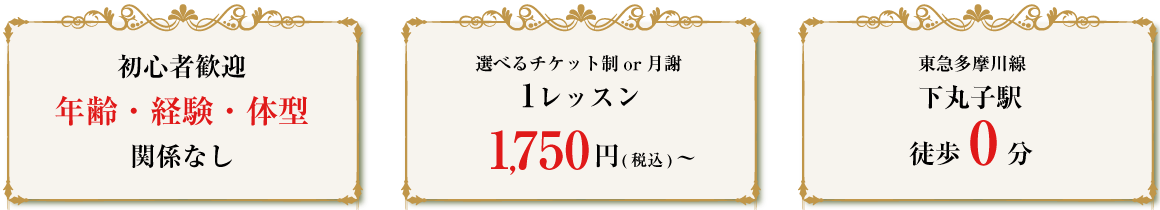年齢、経験、体型関係なし、選べる月謝orチケット、下丸子駅徒歩0分